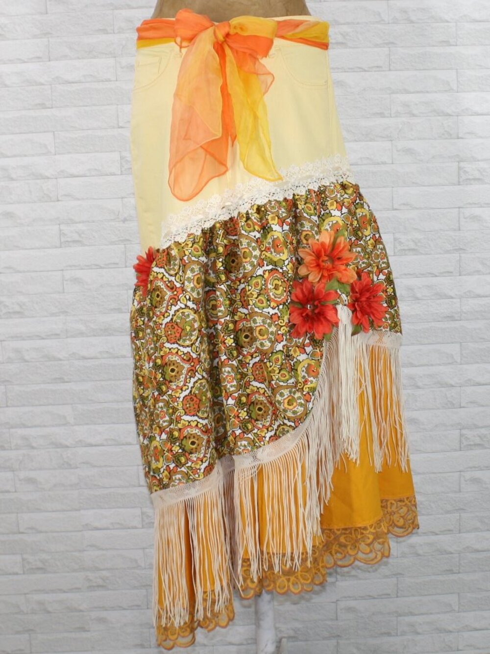 HAND CRAFTED Skirt Denim Jean Upcycled Retro Boho Floral Fall Yellow Orange 10